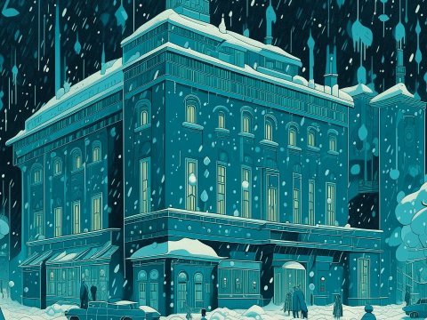 Cyan Casino in a Snowstorm at Night