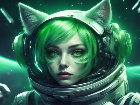 Cyber Cat Girl Astronaut with Green Hair in Space