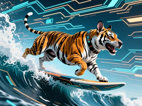 Cyber Tiger Surfing on Futuristic Waves