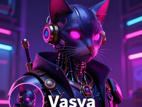 Cybernetic Cat Warrior with Neon Glowing Eyes