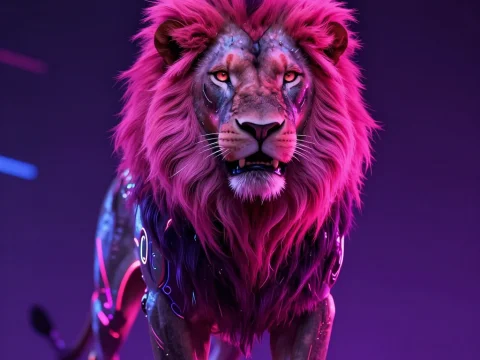 Cybernetic Lion with Neon Pink Mane