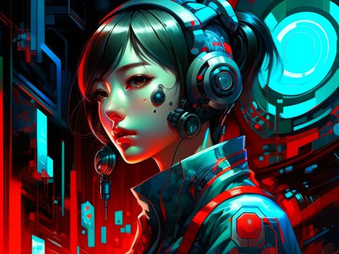 Cybernetic Woman in Futuristic Neon Cityscape