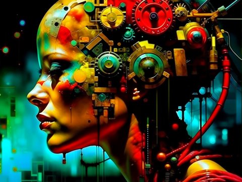 Cybernetic Woman with Mechanical Headgear in Vibrant Colors