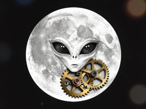 Cyberpunk Alien Face Emerging from Moon with Mechanical Gears
