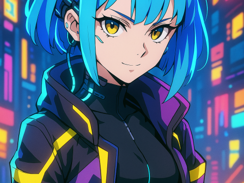 Cyberpunk Anime Female Netrunner with Blue Hair