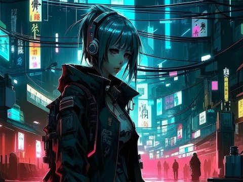 Cyberpunk Anime Girl in Neon Cityscape