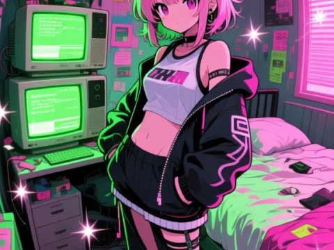 Cyberpunk Anime Girl in Neon-lit Bedroom