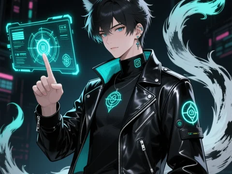 Cyberpunk Anime Man with Cat Ears and Holographic Interface