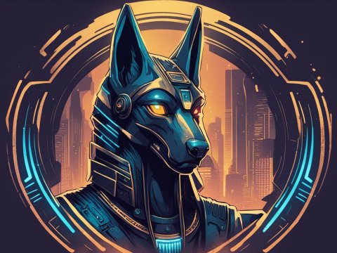 Cyberpunk Anubis with Futuristic Cityscape Background