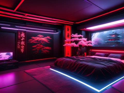 Cyberpunk Bedroom with Neon Lights and Futuristic Decor