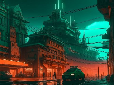 Cyberpunk Budapest Street Scene at Night