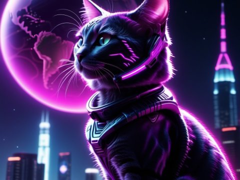 Cyberpunk Cat with Neon Earth in Futuristic Cityscape