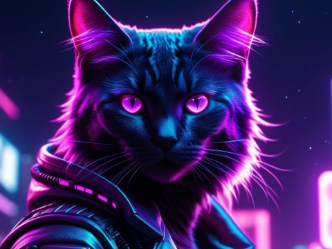 Cyberpunk Cat with Neon Glowing Eyes and Futuristic Jacket