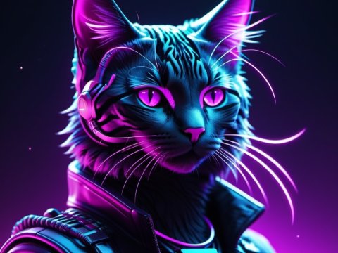 Cyberpunk Cat with Neon Headset and Futuristic Armor