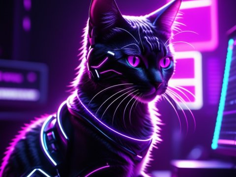 Cyberpunk Cat with Neon Lights at Keyboard