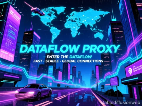 Cyberpunk Cityscape with Dataflow Proxy Advertisement