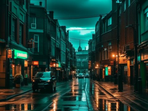 Cyberpunk Dublin Street at Night with Neon Reflections