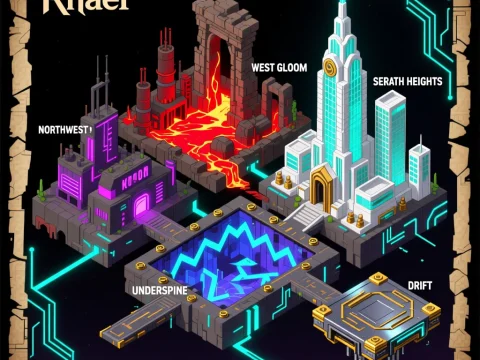 Cyberpunk Fantasy Map of Rhael with Distinct Districts