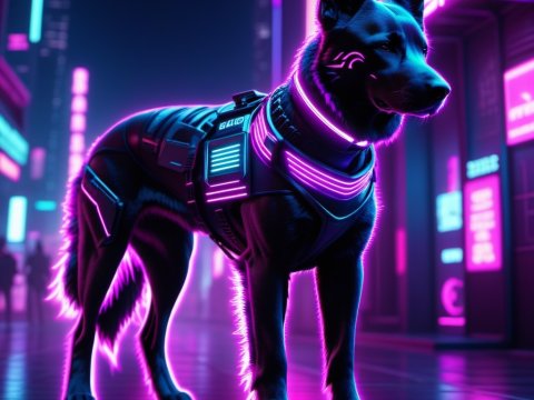 Cyberpunk German Shepherd with Neon Armor in Futuristic City