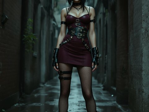 Cyberpunk Girl in Dark Alley with Rain