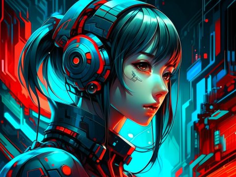 Cyberpunk Girl with Futuristic Headgear in Neon Cityscape
