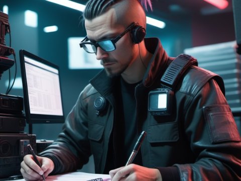 Cyberpunk Hacker Working Intently in Futuristic Setting