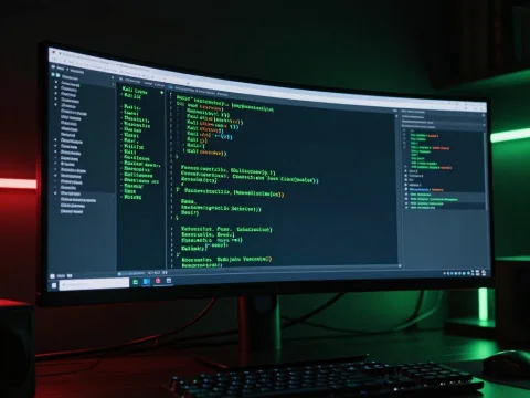 Cyberpunk Hacker Workspace with Ultra-Wide Monitor