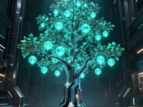 Cyberpunk Holographic Tree with Glowing Orbs