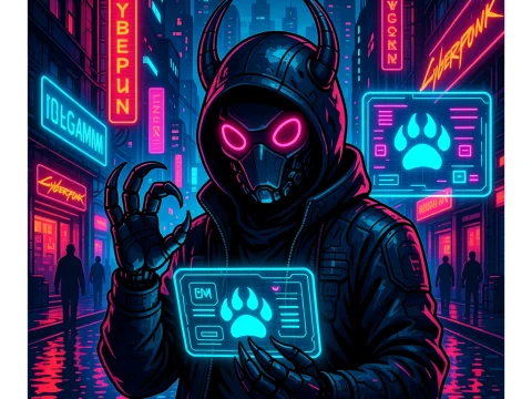 Cyberpunk Hooded Figure with Neon Claw Interface