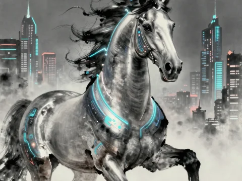 Cyberpunk Horse in Futuristic Cityscape