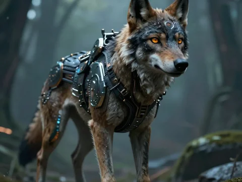Cyberpunk Hybrid Wolf Creature in Forest