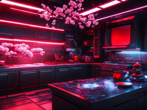 Cyberpunk Kitchen with Neon Cherry Blossoms