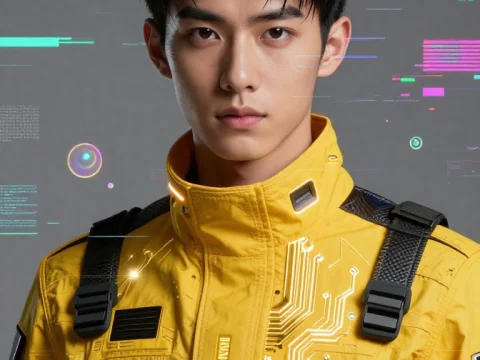 Cyberpunk Male Protagonist in Futuristic Yellow Jacket
