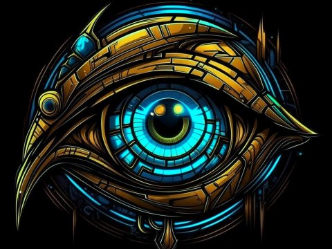 Cyberpunk Mechanical Eye with Neon Blue and Gold Details