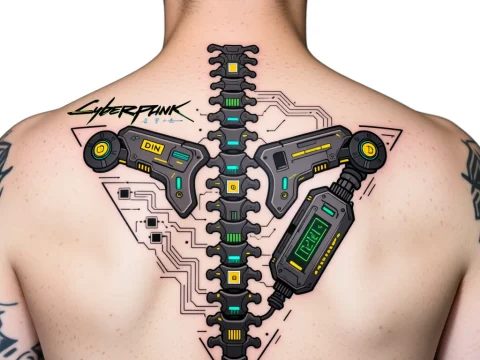 Cyberpunk Mechanical Spine Tattoo on Back