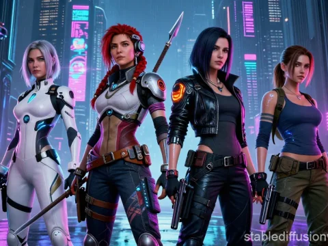 Cyberpunk Night City Female Heroes Standing Strong