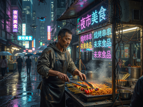 Cyberpunk Night Market Street Food Vendor in Rain