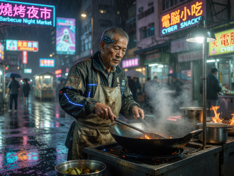 Cyberpunk Night Market Vendor Cooking in Neon Rain