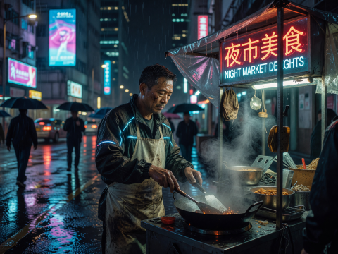Cyberpunk Night Market Vendor Cooking in Rain