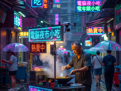 Cyberpunk Night Market Vendor Cooking in Rainy Alley