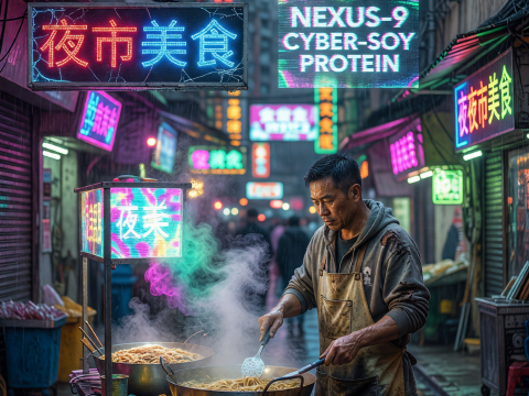 Cyberpunk Night Market Vendor Cooking Noodles in Rainy Alley