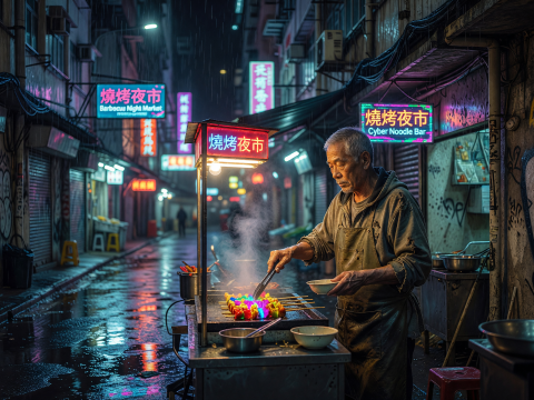 Cyberpunk Night Market Vendor Grilling Skewers in Rainy Alley