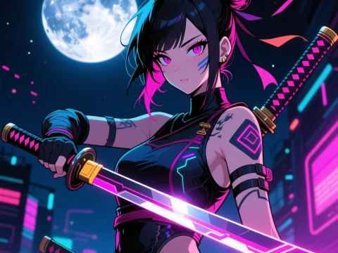 Cyberpunk Ninja with Neon Katana Under Full Moon