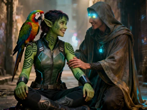 Cyberpunk Ork Shaman with Parrot in Neon Alley