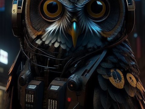 Cyberpunk Owl with Futuristic Japanese Tech