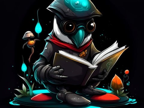 Cyberpunk Penguin Reading a Book with Glowing Orbs