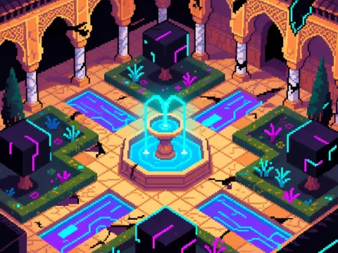 Cyberpunk Pixel Art of Alhambra Courtyard