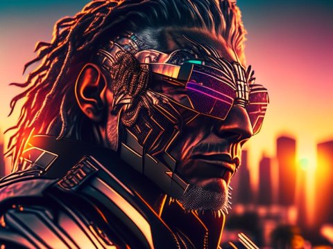 Cyberpunk Portrait of a Futuristic Man at Sunset