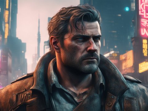 Cyberpunk Portrait of a Rugged Man in Futuristic City