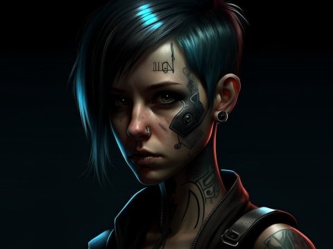 Cyberpunk Portrait of a Tattooed Woman with Blue Hair